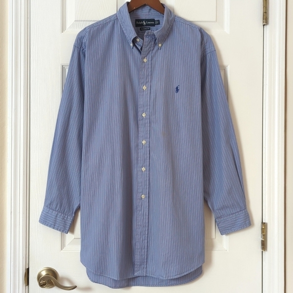 Ralph Lauren 90's Vintage Preppy Striped Long Sleeve Button Down Shirt Blue L - Picture 1 of 12